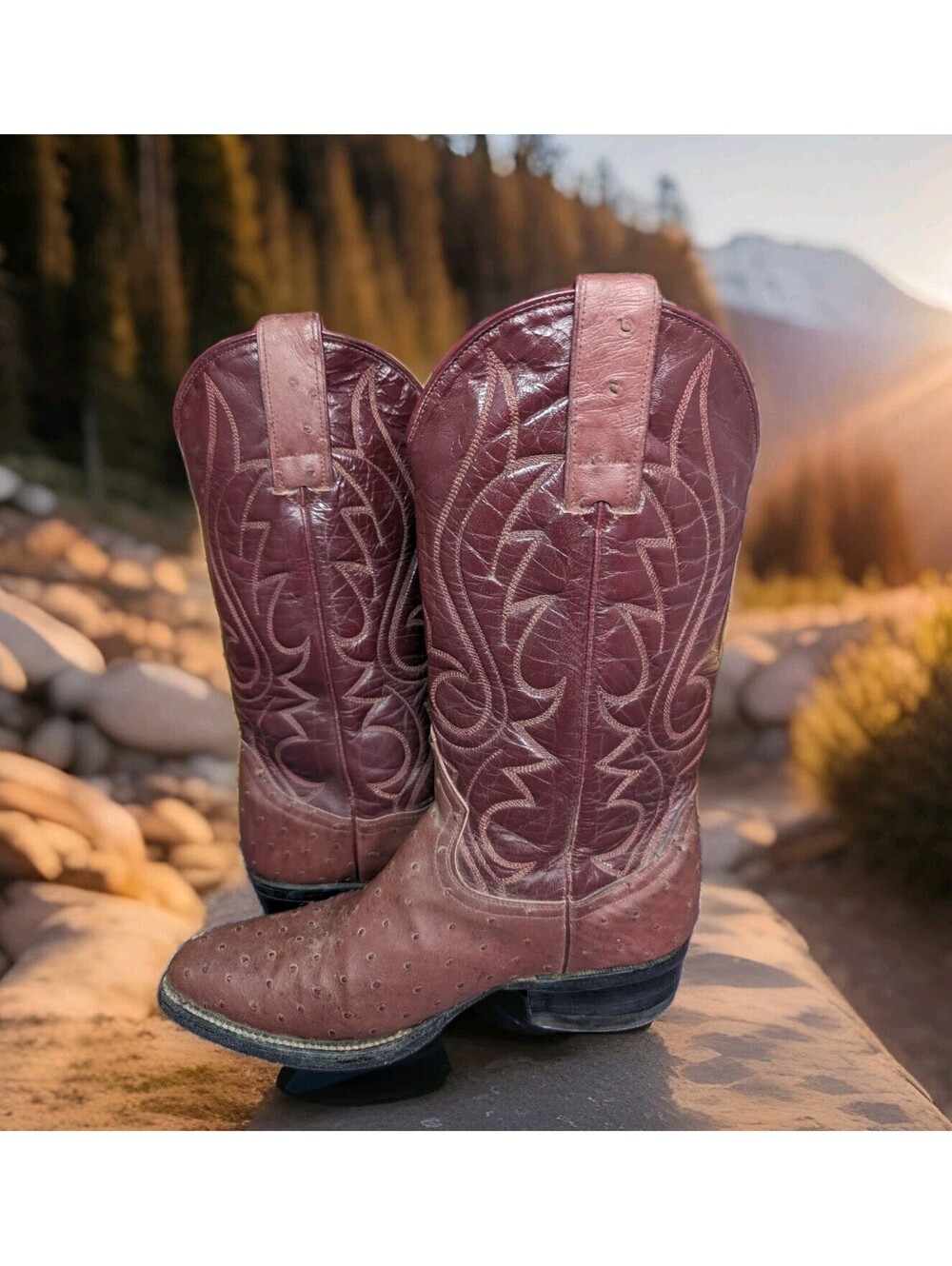 VTG Genuine Ostrich EXOTIC Western Maroon Cowboy Full Quill Boots Womens 9 Men 8